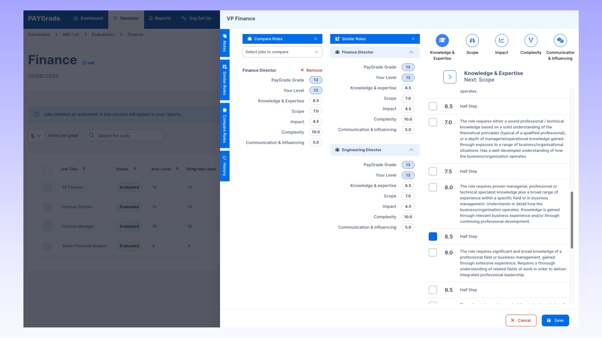 PAYgrade job evaluation screen scoring a VP Finance role, with similar roles compared side by side